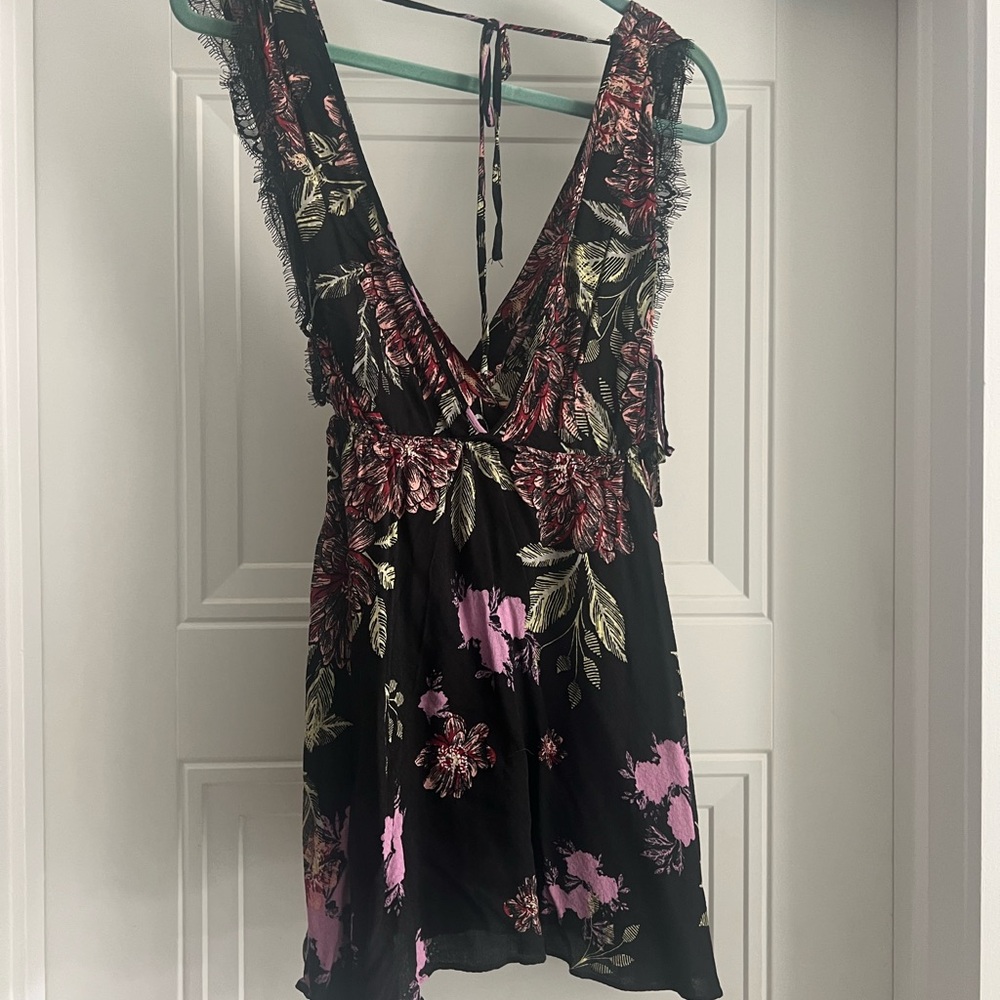 FREE PEOPLE Floral Black and Pink Mini Summer Dress